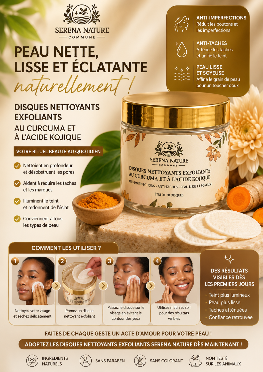 COMMUNE

DISQUES NETTOYANTS EXFOLIANTS AU CURCUMA ET À L'ACIDE KOJIQUE

ANTI-IMPERFECTIONS ANTI-TACHES

PEAU LISSE ET SOYEUSE

ÉTUI DE 30 DISQUES